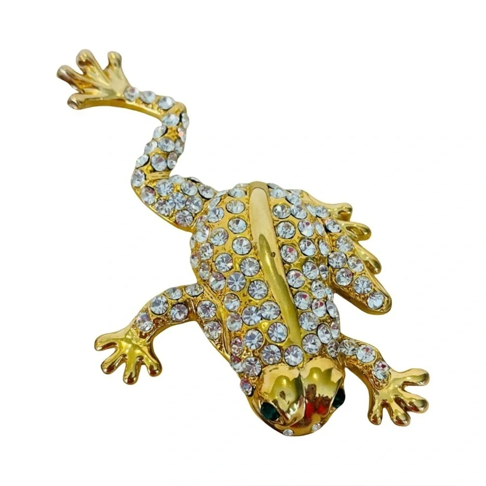 Gold and Crystal Leaping Frog With Emerald Green Eyes Brooch